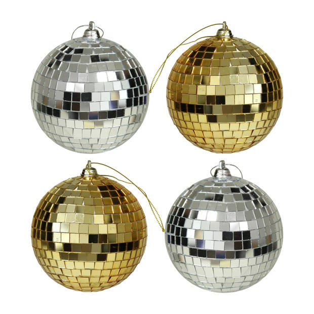 Kerstballen disco - 4x st - goud en zilver - 10 cm - kunststof - Kerstbal