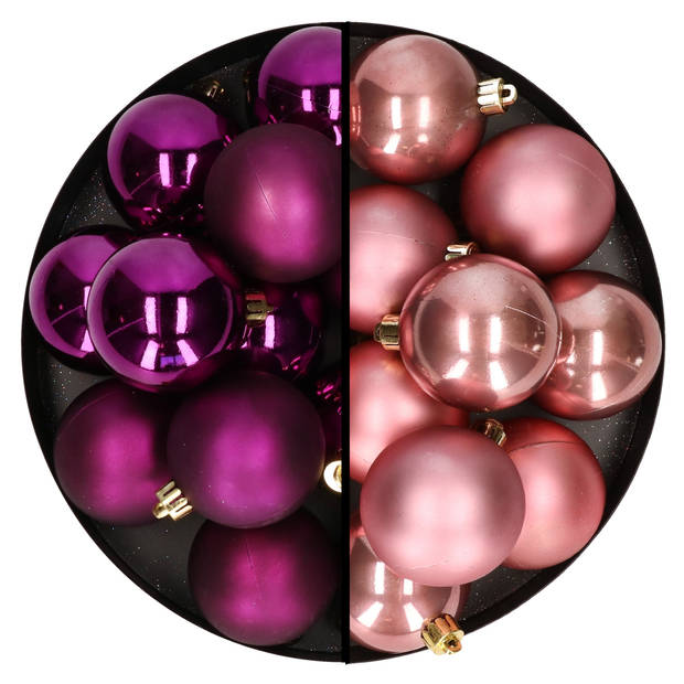 Kerstballen 24x stuks - mix oudroze en paars - 6 cm - kunststof - Kerstbal