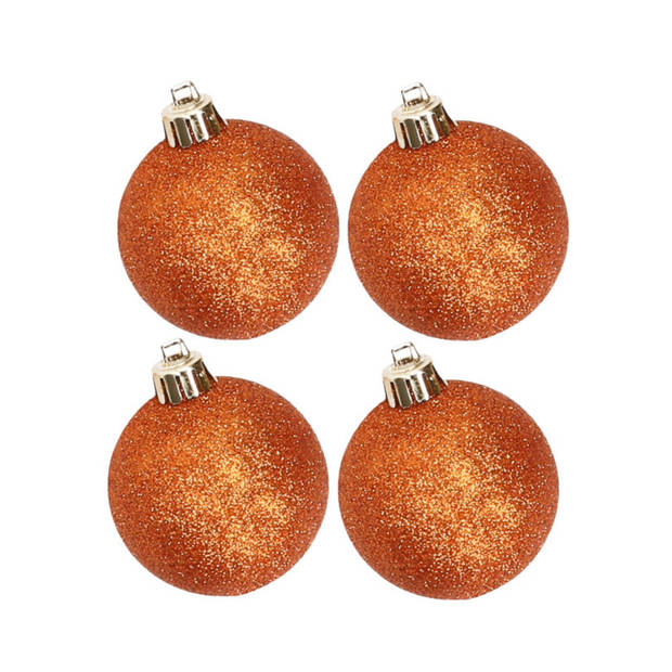 4x stuks kunststof glitter kerstballen oranje 10 cm - Kerstbal