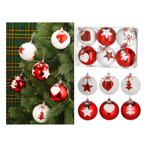 12x stuks gedecoreerde kerstballen rood en wit kunststof 6 cm - Kerstbal