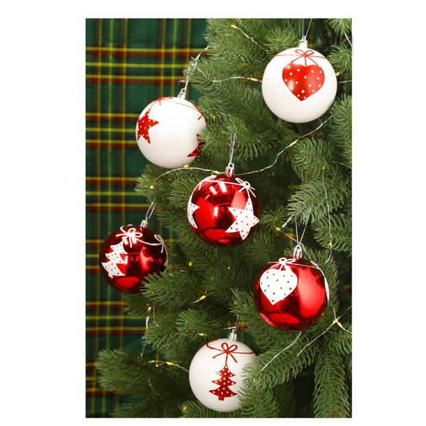 12x stuks gedecoreerde kerstballen rood en wit kunststof 6 cm - Kerstbal