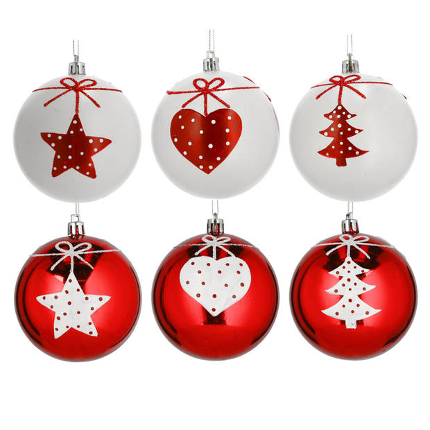 6x stuks gedecoreerde kerstballen rood en wit kunststof 6 cm - Kerstbal