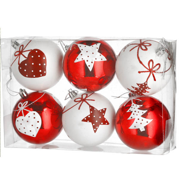 6x stuks gedecoreerde kerstballen rood en wit kunststof 6 cm - Kerstbal
