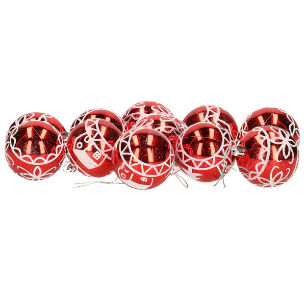 12x stuks gedecoreerde kerstballen rood kunststof 6 cm - Kerstbal