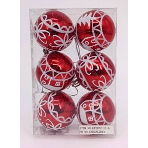 12x stuks gedecoreerde kerstballen rood kunststof 6 cm - Kerstbal