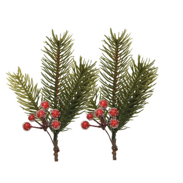 Decoris kersttak - 2x - groen met bes - 21.5 cm - voor kerststukjes - Decoratieve tak kerst