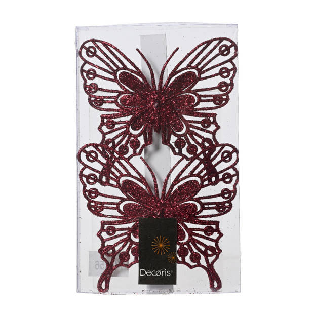 Decoris kerst vlinders op clip - 2x -donkerrood - 13 cm - glitter - Kersthangers