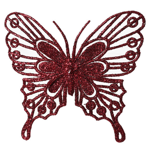 Decoris kerst vlinders op clip - 2x -donkerrood - 13 cm - glitter - Kersthangers