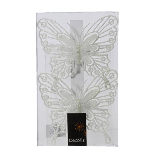 Decoris kerstversiering vlinders op clip - 2x -wit - 13 cm - glitter - Kersthangers