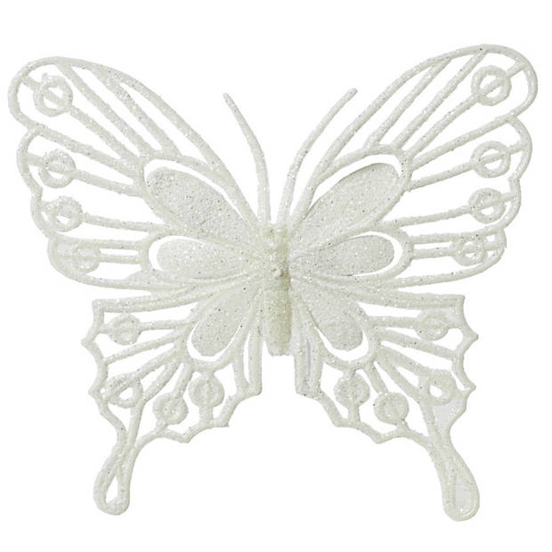 Decoris kerstversiering vlinders op clip - 2x -wit - 13 cm - glitter - Kersthangers