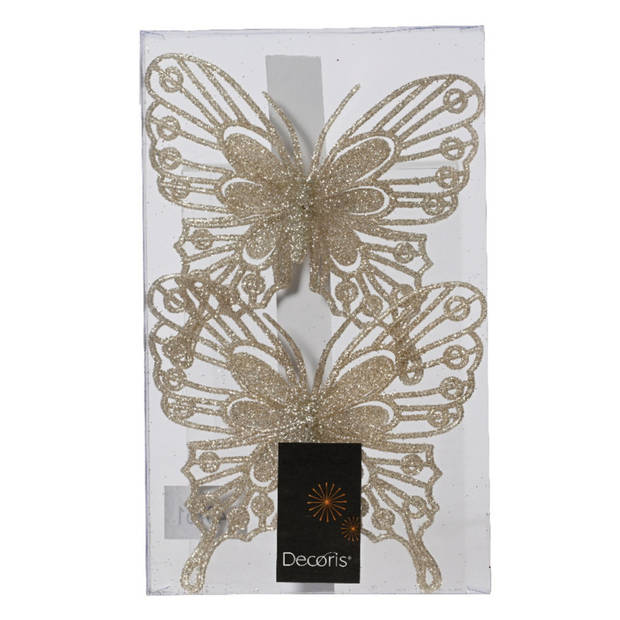 Decoris kerst vlinders op clip - 2x stuks -champagne - 13 cm - glitter - Kersthangers