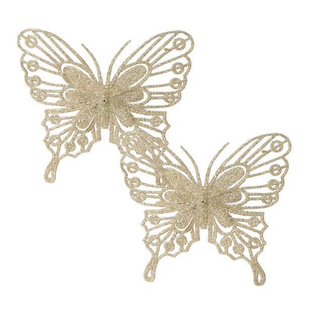 Decoris kerst vlinders op clip - 4x st -champagne - 13 cm - glitter - Kersthangers