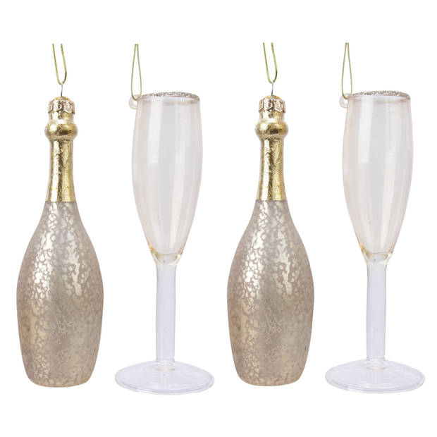 4x stuks glazen kersthangers champagne 12,5 cm kerstornamenten - Kersthangers