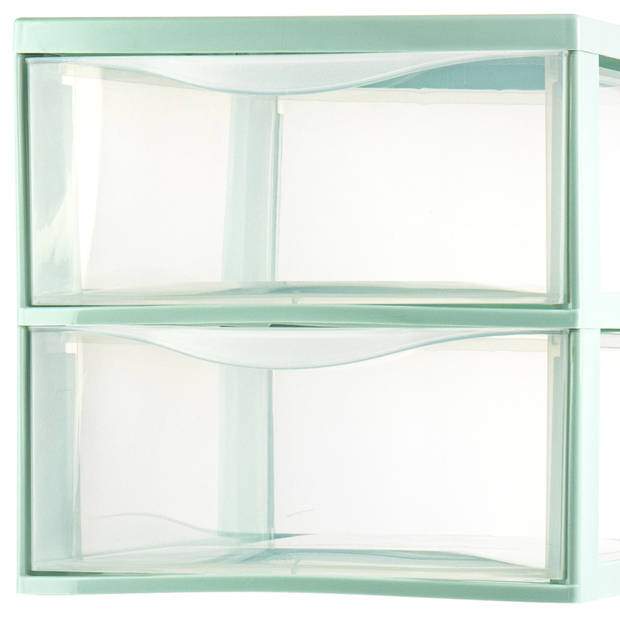 Plasticforte Ladeblokje/bureau organizer 2x lades - transparant/mintgroen - L26 x B36 x H25 cm - Ladeblok