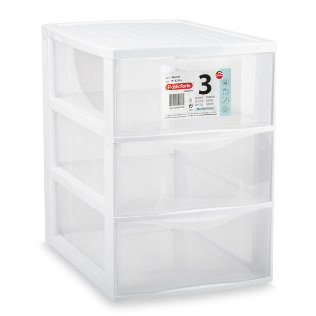 Plasticforte Ladeblokje/bureau organizer 3x lades - transparant/wit - L26 x B37 x H37 cm - Ladeblok