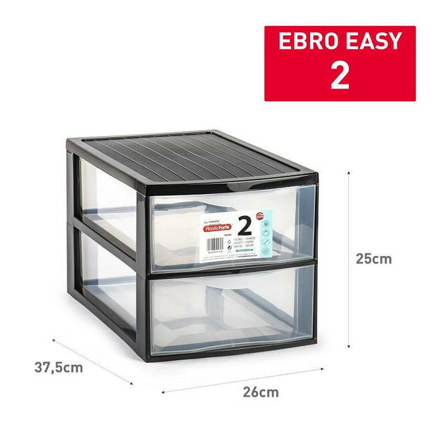 Plasticforte Ladeblokje/bureau organizer 2x lades - transparant/zwart - L26 x B36 x H25 cm - Ladeblok