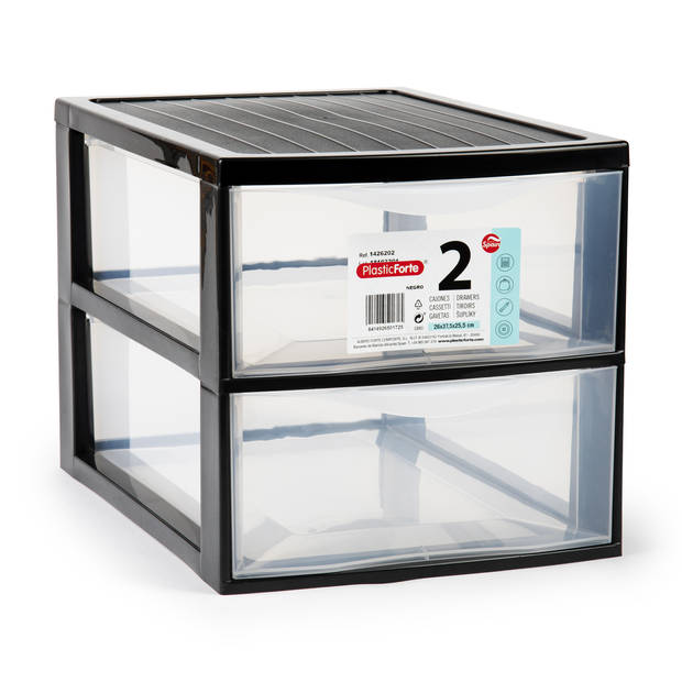 Plasticforte Ladeblokje/bureau organizer 2x lades - transparant/zwart - L26 x B36 x H25 cm - Ladeblok