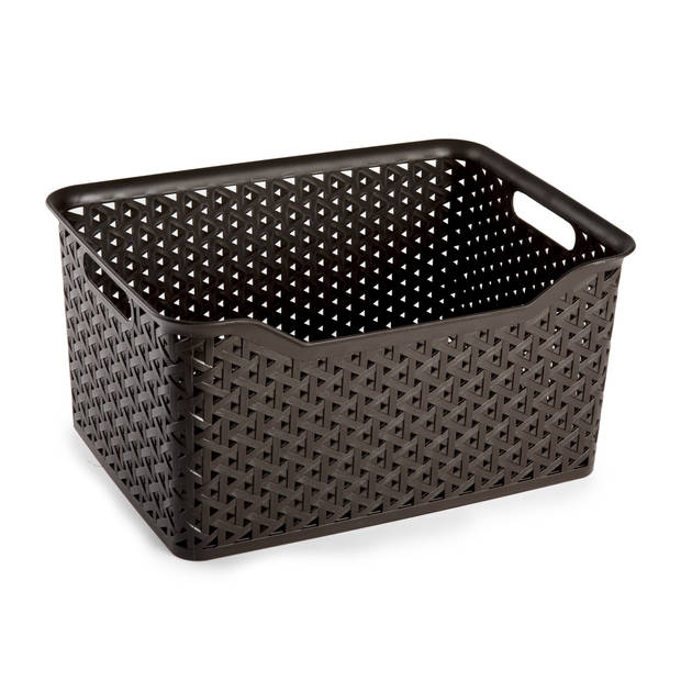 Plasticforte opbergmand/kastmandje - 2x - 18 liter - donkerbruin - kunststof - 29 x 39 x 19 cm - Opbergbox