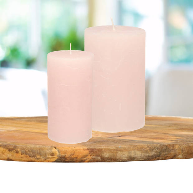 Stompkaarsen/cilinderkaarsen set - 2x - licht roze - rustiek model - Stompkaarsen
