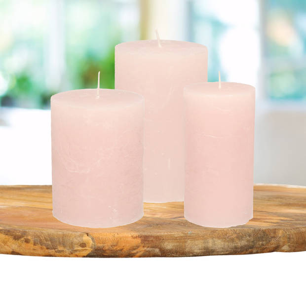 Stompkaarsen/cilinderkaarsen set - 3x - licht roze - rustiek model - Stompkaarsen