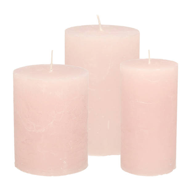 Stompkaarsen/cilinderkaarsen set - 3x - licht roze - rustiek model - Stompkaarsen