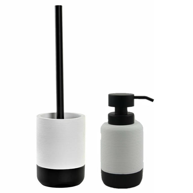 Toiletborstel met houder 38 cm en zeeppompje 300 ml keramiek wit/zwart - Badkameraccessoireset