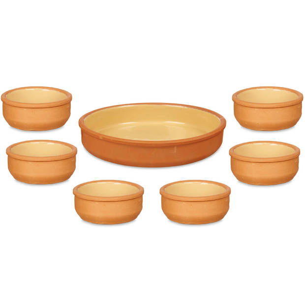 Set 7x tapas/creme brulee schaaltjes - terra/geel - 6x 8 cm/1x 23 cm - Snack en tapasschalen
