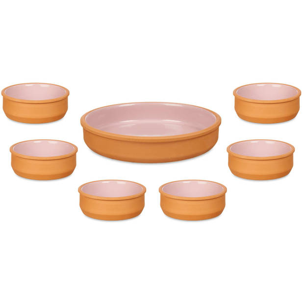 Set 7x tapas/creme brulee schaaltjes - terra/roze - 6x 12 cm/1x 23 cm - Snack en tapasschalen