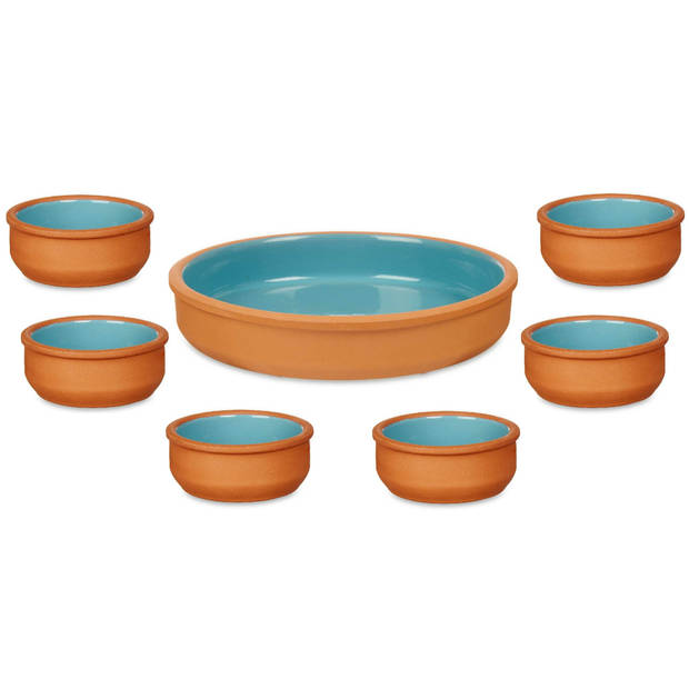 Set 7x tapas/creme brulee schaaltjes - terra/blauw - 6x 8 cm/1x 23 cm - Snack en tapasschalen