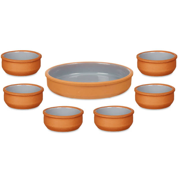 Set 7x tapas/creme brulee schaaltjes - terra/grijs - 6x 8 cm/1x 23 cm - Snack en tapasschalen