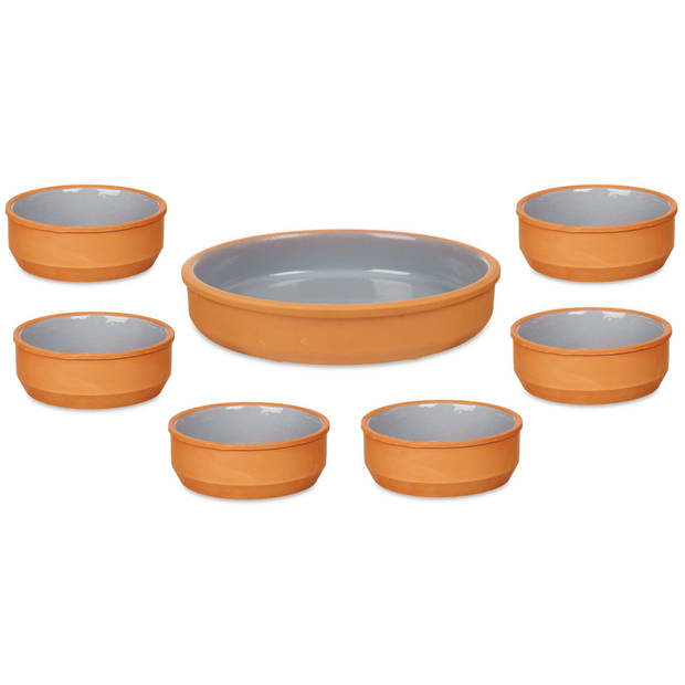 Set 7x tapas/creme brulee schaaltjes - terra/grijs - 6x 12 cm/1x 23 cm - Snack en tapasschalen