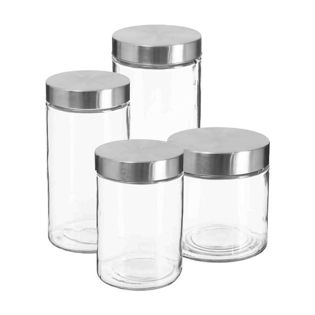 Set van 4x keuken voorraadbussen/potten glas RVS deksel - 4 formaten - Voorraadpot