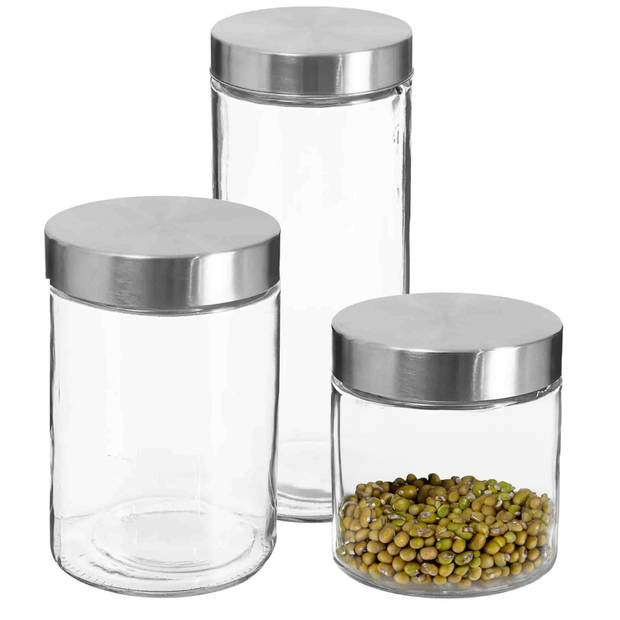 Set van 6x keuken voorraadbussen/potten glas RVS deksel - 3 formaten - Voorraadpot