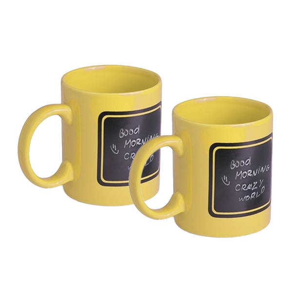 Luxe krijt koffiemok/beker - 2x - geel - keramiek - met zwart schrijfvlak - 350 ml - Bekers