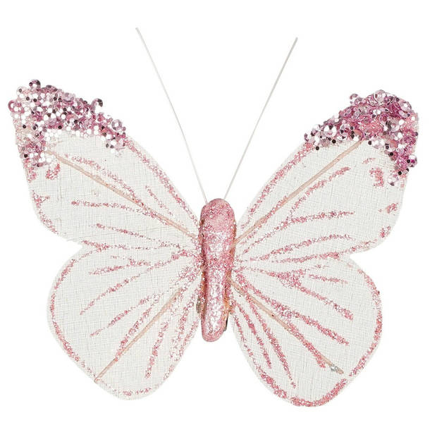 House of Seasons kerst vlinders op clip - 6x stuks - roze/wit - 10 cm - Kersthangers