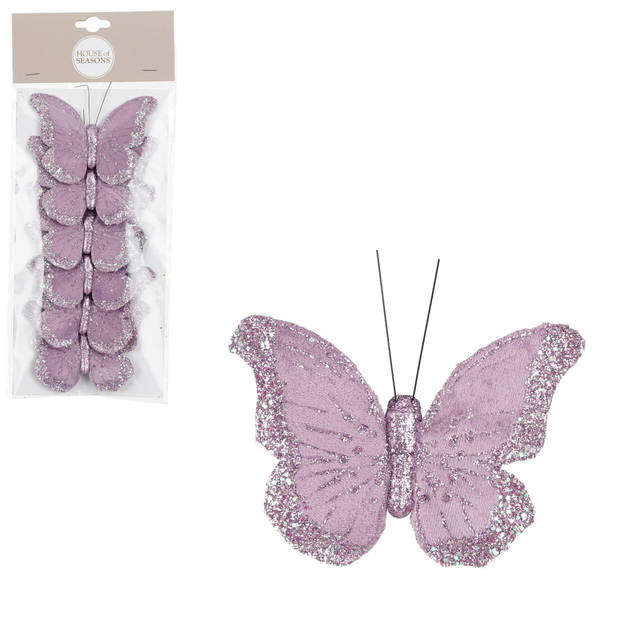 House of Seasons kerst vlinders op clip - 6x st - lila paars - 10 cm - Kersthangers