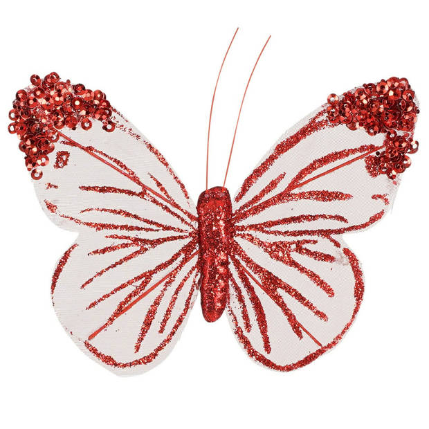 House of Seasons kerst vlinders op clip - 6x stuks - rood/wit - 10 cm - Kersthangers