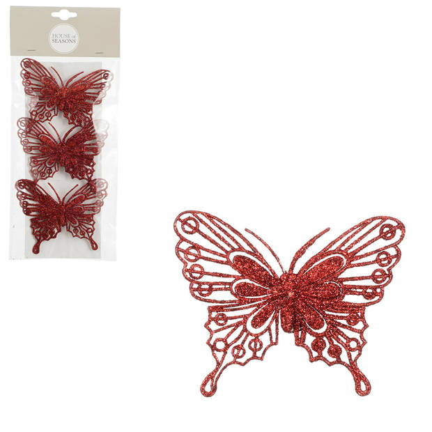 House of Seasons kerst vlinders op clip - 3x st - rood glitter - 10 cm - Kersthangers