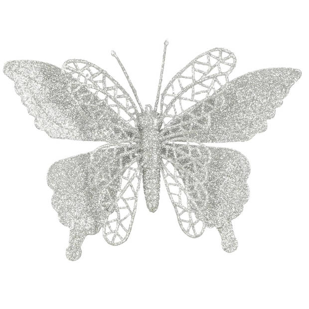 House of Seasons kerst vlinders op clip - 2x st - zilver glitter - 16 cm - Kersthangers