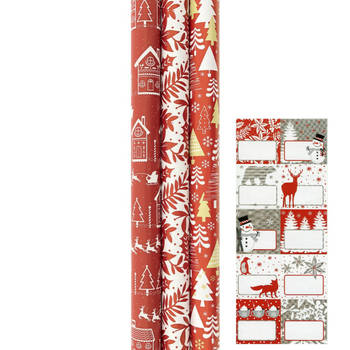 Kerstpapier - Cadeaupapier - Inpakpapier - Pakpapier - 3-pak -ROOD - Plus Naamlabels - 2mx70cm - Kerst