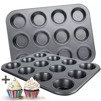 COOCK - Muffin Bakvorm met 12 Cupcake Vormpjes - Non Stick Incl. Papieren vormpjes & E-book