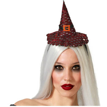 Halloween heksenhoed - mini hoedje op diadeem - one size - zwart/donkerrood - meisjes/dames - Verkleedhoofddeksels