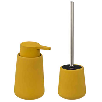 WC-/toiletborstel en houder - zandsteen mosterd geel - met zeeppompje - Badkameraccessoireset