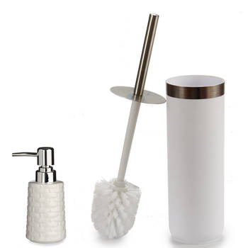 WC-/toiletborstel en houder 38 cm met zeeppompje 150 ml wit/zilver - Badkameraccessoireset