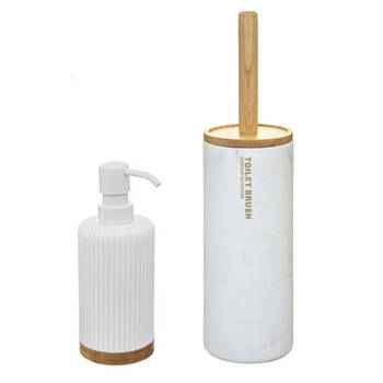 WC-/toiletborstel en houder kunststof wit met zeeppompje 270 ml - Badkameraccessoireset