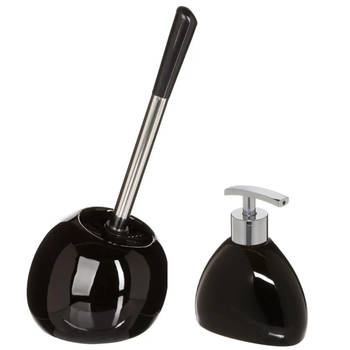 WC-/toiletborstel en houder - zwart - met zeeppompje 300 ml - Badkameraccessoireset