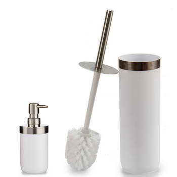 WC-/toiletborstel en houder 38 cm met zeeppompje 350 ml wit/zilver - Badkameraccessoireset