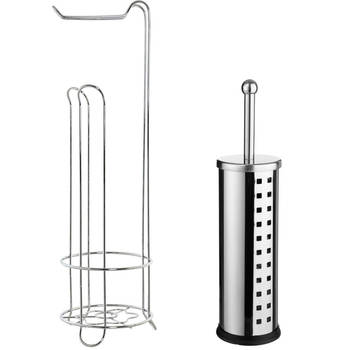 WC-/toiletborstel in houder 39 cm met wc-rollen houder - rvs zilver - Badkameraccessoireset