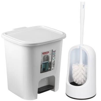 WC-/toiletborstel en houder - wit - met kleine pedaalemmer 7.5 liter - Badkameraccessoireset