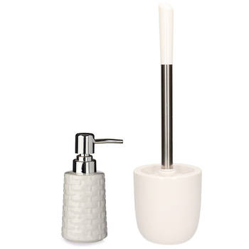 WC-/toiletborstel en houder dolomiet wit met zeeppompje 350 ml - Badkameraccessoireset